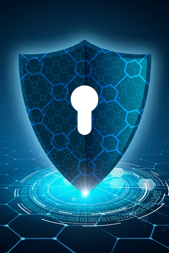 A blue shield with a key on it