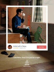 A guest sketches in an artist loft in Tokyo, capturing the essence of Airbnb’s Live There campaign and its focus on authentic travel experiences in local neighborhoods.