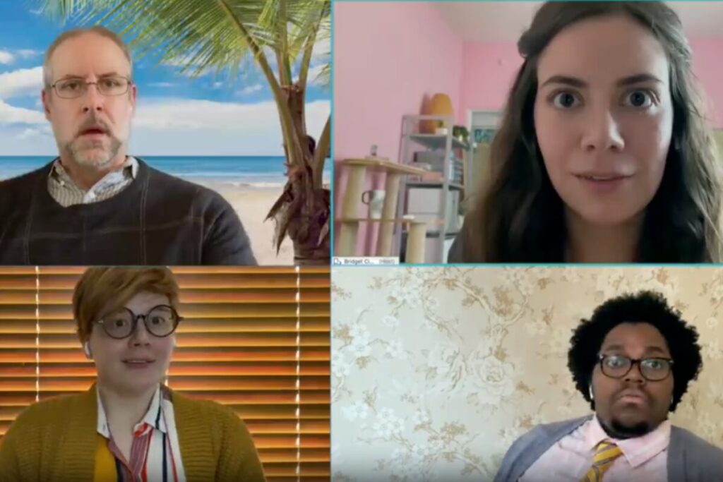 Apple remote work campaign final meeting scene showing team members looking happy and relieved after completing their project.
