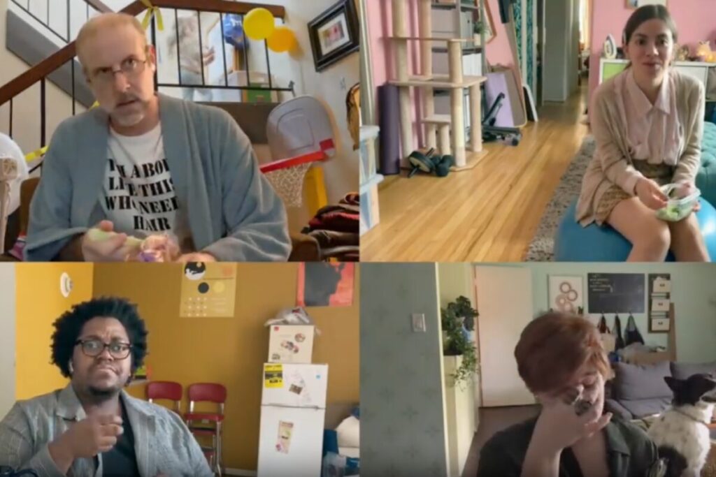 Screenshot of Apple Remote Work campaign video call with coworkers juggling distractions